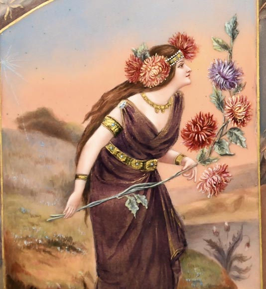 DORVAL, émailleur - Triptyque émaillé aux femmes à fleurs de chrysanthème-5
