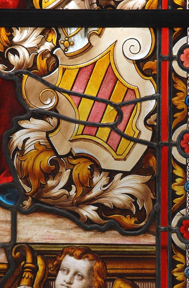 « Leaving for the Hunt , Important enamelled stained glass window by Maison Lorin coming from the Château des Ollières in Nice, France_fr