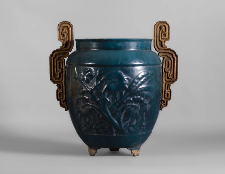 Beau vase de jardin ancien en fonte émaillée bleue, XIXè siècle-0