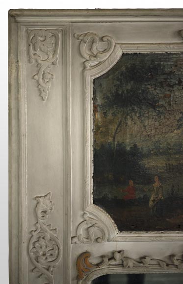 Trumeau ancien de style Régence avec miroir et huile sur toile représentant une scène galante-2