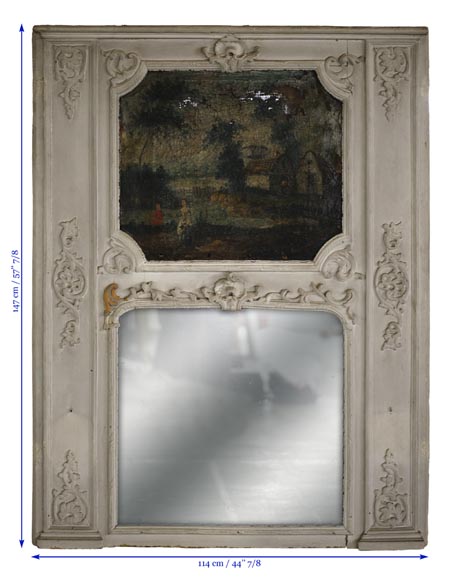 Trumeau ancien de style Régence avec miroir et huile sur toile représentant une scène galante-7