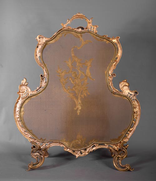 Pare-étincelles au Cupidon de style Louis XV, en bronze poli verni, années 1970-7