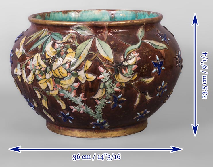 Fernand THESMAR, Cache pot en céramique au décor floral en émail appliqué-8