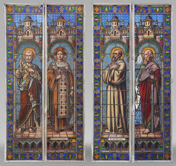 Paire de double vitraux religieux représentant des saints-0