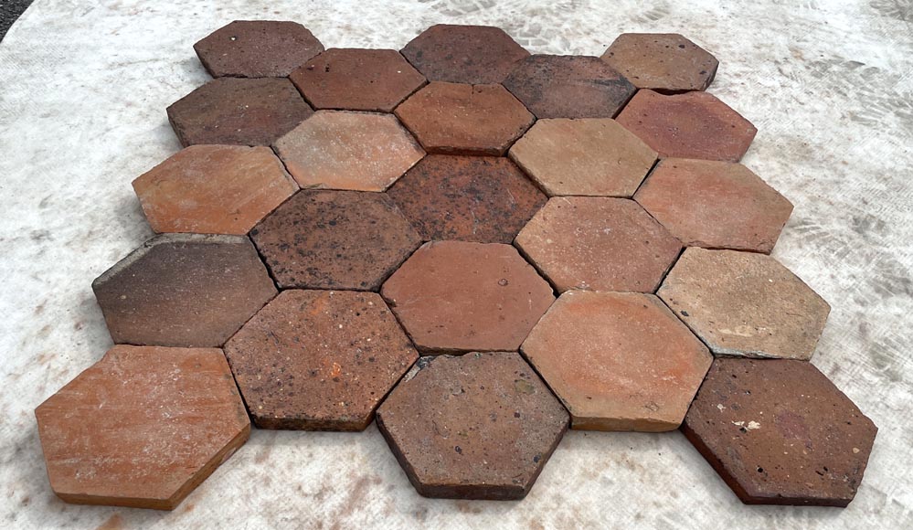 Lot d'environ 6,4 m² de dalles hexagonales anciennes en terre cuite, XIXe siècle-1
