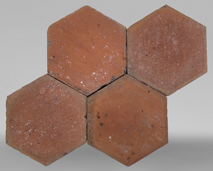 Lot d'environ 1,4 m² de dalles hexagonales anciennes en terre cuite, XIXe siècle-0