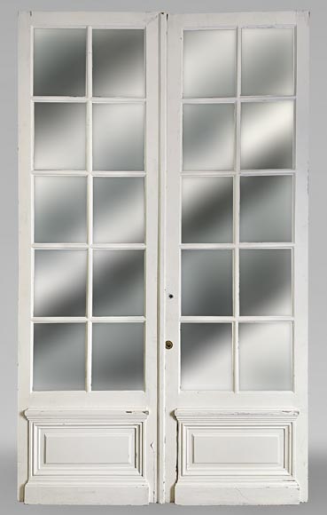 Double porte en bois peint en blanc au miroir-0