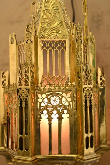 Lustre neo gothique en bronze doré-10