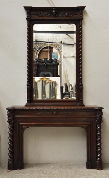 Grande cheminée en chêne de style Louis XIII avec trumeau à miroir-0