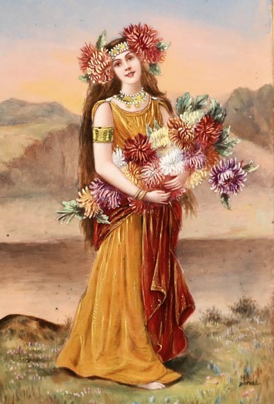 DORVAL, émailleur - Triptyque émaillé aux femmes à fleurs de chrysanthème DORVAL, émailleur - Triptyque émaillé aux femmes à fleurs de chrysanthème-2