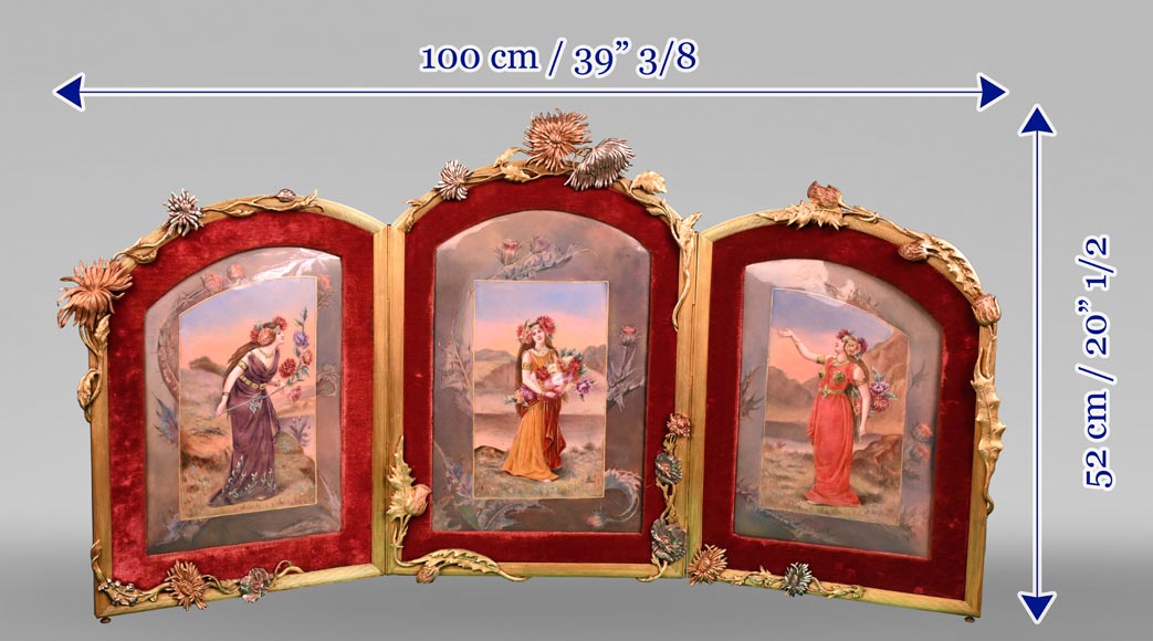 DORVAL, émailleur - Triptyque émaillé aux femmes à fleurs de chrysanthème DORVAL, émailleur - Triptyque émaillé aux femmes à fleurs de chrysanthème-10