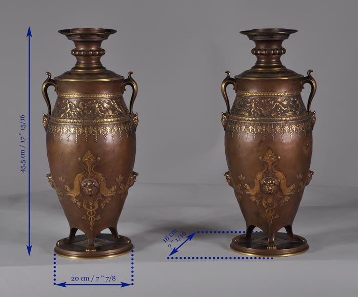 Ferdinand LEVILLAIN (1837 - 1905) Paire de lampes Napoléon III à double patine or et brune Ferdinand LEVILLAIN (1837 - 1905) Paire de lampes Napoléon III à double patine or et brune-7