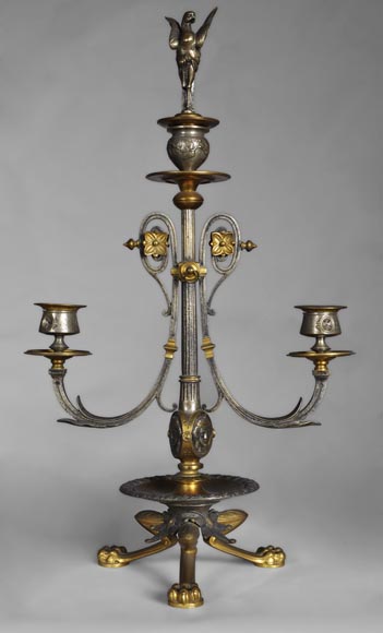 Garniture de cheminée en bronze à deux patines de style Napoléon III aux masques de Comédie Antique Garniture de cheminée en bronze à deux patines de style Napoléon III aux masques de Comédie Antique-4