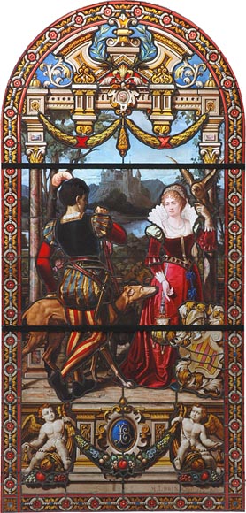 « Le Départ pour la chasse » Grand vitrail en verre émaillé de l’atelier Lorin, provenant du château des Ollières à Nice « Le Départ pour la chasse » Grand vitrail en verre émaillé de l’atelier Lorin, provenant du château des Ollières à Nice-0
