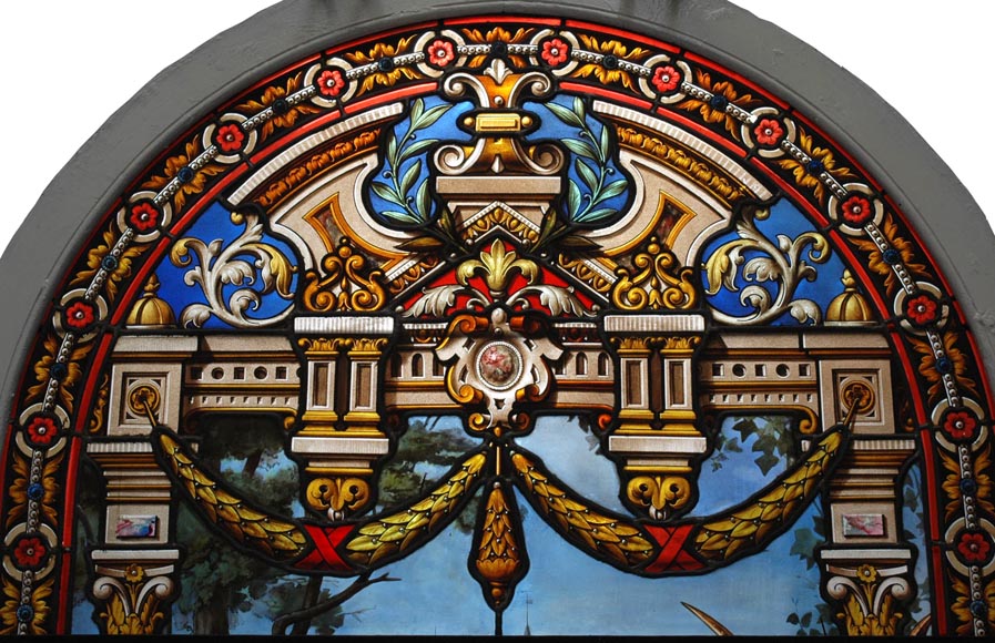 « Le Départ pour la chasse » Grand vitrail en verre émaillé de l’atelier Lorin, provenant du château des Ollières à Nice « Le Départ pour la chasse » Grand vitrail en verre émaillé de l’atelier Lorin, provenant du château des Ollières à Nice-1