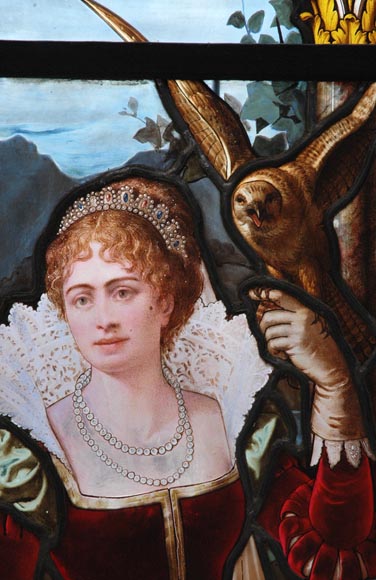 « Le Départ pour la chasse » Grand vitrail en verre émaillé de l’atelier Lorin, provenant du château des Ollières à Nice « Le Départ pour la chasse » Grand vitrail en verre émaillé de l’atelier Lorin, provenant du château des Ollières à Nice-2