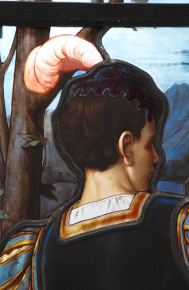 « Le Départ pour la chasse » Grand vitrail en verre émaillé de l’atelier Lorin, provenant du château des Ollières à Nice « Le Départ pour la chasse » Grand vitrail en verre émaillé de l’atelier Lorin, provenant du château des Ollières à Nice-3