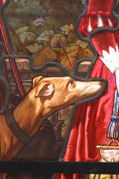 « Le Départ pour la chasse » Grand vitrail en verre émaillé de l’atelier Lorin, provenant du château des Ollières à Nice « Le Départ pour la chasse » Grand vitrail en verre émaillé de l’atelier Lorin, provenant du château des Ollières à Nice-4