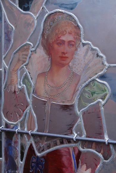 « Le Départ pour la chasse » Grand vitrail en verre émaillé de l’atelier Lorin, provenant du château des Ollières à Nice « Le Départ pour la chasse » Grand vitrail en verre émaillé de l’atelier Lorin, provenant du château des Ollières à Nice-11