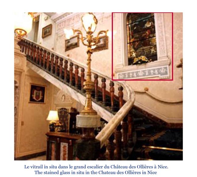 « Le Départ pour la chasse » Grand vitrail en verre émaillé de l’atelier Lorin, provenant du château des Ollières à Nice « Le Départ pour la chasse » Grand vitrail en verre émaillé de l’atelier Lorin, provenant du château des Ollières à Nice-15