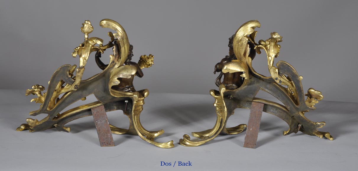 Belle paire de chenets anciens d'époque Louis XV aux Allégories de l'Eté en bronze doré et bronze à patine brune Belle paire de chenets anciens d'époque Louis XV aux Allégories de l'Eté en bronze doré et bronze à patine brune-7