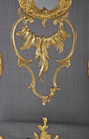 Pare étincelles ancien de style Louis XV en bronze doré, décor de feuillages et fleurs Pare étincelles ancien de style Louis XV en bronze doré, décor de feuillages et fleurs-1