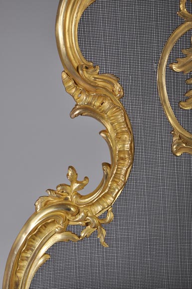 Pare étincelles ancien de style Louis XV en bronze doré, décor de feuillages et fleurs Pare étincelles ancien de style Louis XV en bronze doré, décor de feuillages et fleurs-3