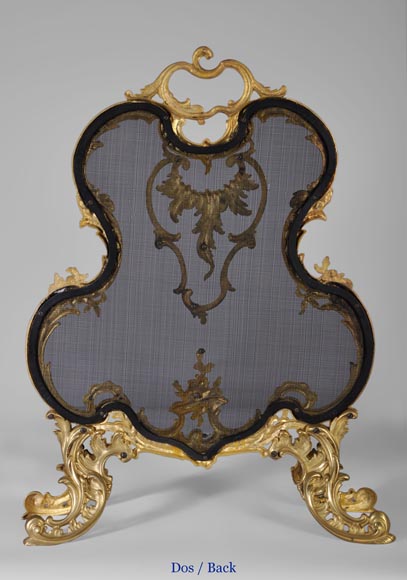 Pare étincelles ancien de style Louis XV en bronze doré, décor de feuillages et fleurs Pare étincelles ancien de style Louis XV en bronze doré, décor de feuillages et fleurs-6