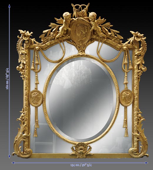 Superbe miroir à parecloses Napoléon III en bois et stuc doré à décor de putti et de profils de femmes en médaillons Superbe miroir à parecloses Napoléon III en bois et stuc doré à décor de putti et de profils de femmes en médaillons-11