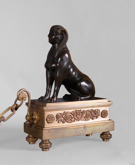 Paire de chenets de style Empire aux Sphinges, bronze doré et bronze à patine brune Paire de chenets de style Empire aux Sphinges, bronze doré et bronze à patine brune-3