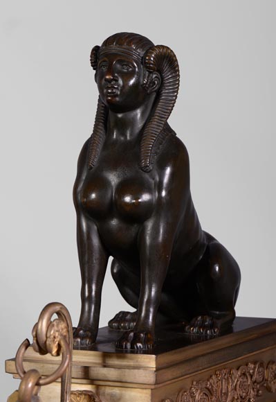 Paire de chenets de style Empire aux Sphinges, bronze doré et bronze à patine brune Paire de chenets de style Empire aux Sphinges, bronze doré et bronze à patine brune-5