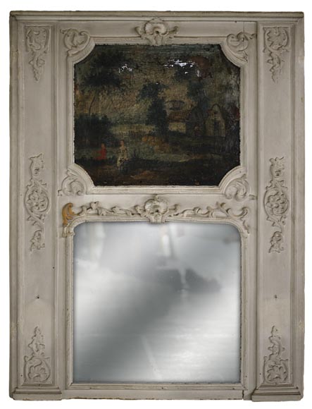 Trumeau ancien de style Régence avec miroir et huile sur toile représentant une scène galante Trumeau ancien de style Régence avec miroir et huile sur toile représentant une scène galante-0