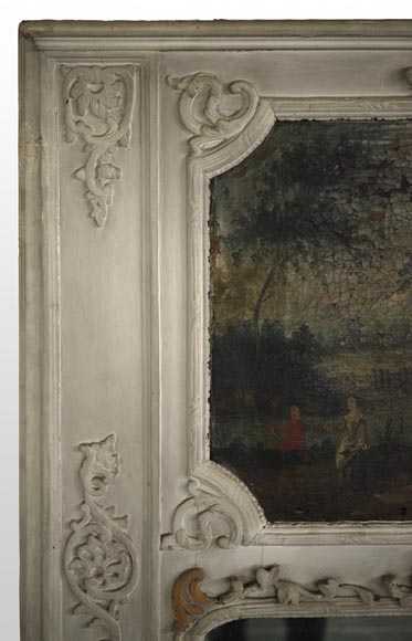 Trumeau ancien de style Régence avec miroir et huile sur toile représentant une scène galante Trumeau ancien de style Régence avec miroir et huile sur toile représentant une scène galante-2