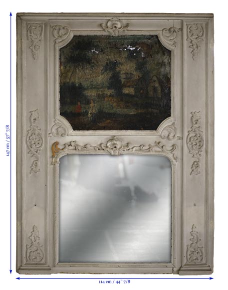 Trumeau ancien de style Régence avec miroir et huile sur toile représentant une scène galante Trumeau ancien de style Régence avec miroir et huile sur toile représentant une scène galante-7