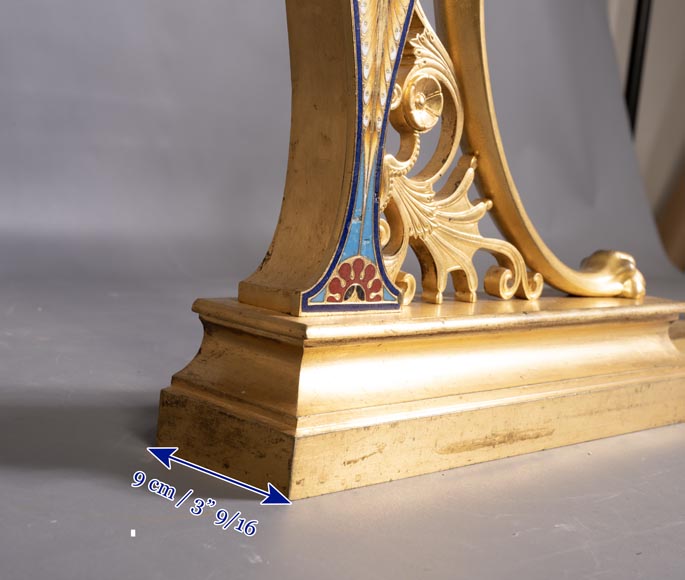 Paire de chenets de style Napoléon III en bronze doré au décors émaillé Paire de chenets de style Napoléon III en bronze doré au décors émaillé-5