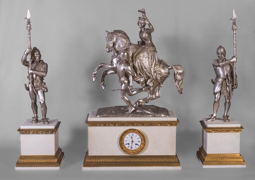 D'après Jean-Auguste BARRE (1811-1896) - Garniture de cheminée figurant Marie de Bourgogne partant à la chasse au faucon D'après Jean-Auguste BARRE (1811-1896) - Garniture de cheminée figurant Marie de Bourgogne partant à la chasse au faucon-0
