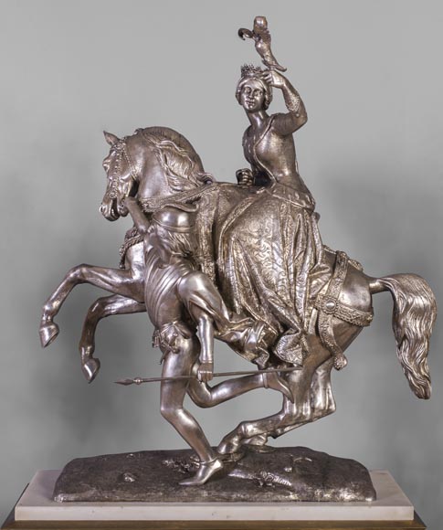 D'après Jean-Auguste BARRE (1811-1896) - Garniture de cheminée figurant Marie de Bourgogne partant à la chasse au faucon D'après Jean-Auguste BARRE (1811-1896) - Garniture de cheminée figurant Marie de Bourgogne partant à la chasse au faucon-1