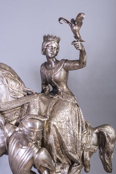 D'après Jean-Auguste BARRE (1811-1896) - Garniture de cheminée figurant Marie de Bourgogne partant à la chasse au faucon D'après Jean-Auguste BARRE (1811-1896) - Garniture de cheminée figurant Marie de Bourgogne partant à la chasse au faucon-2