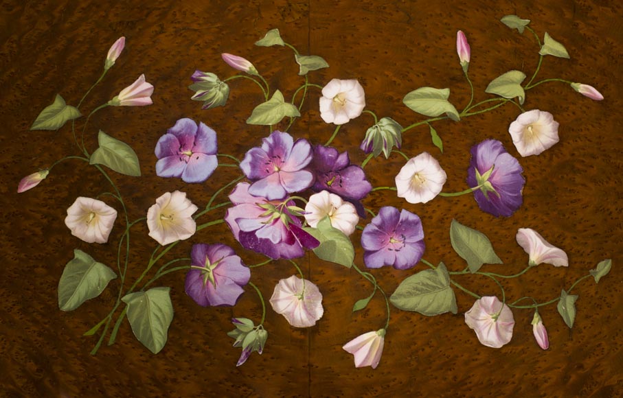 Julien-Nicolas RIVART (1802-1867) - Table à ouvrage à décor de campanules blanches et mauves en marqueterie de porcelaine Julien-Nicolas RIVART (1802-1867) - Table à ouvrage à décor de campanules blanches et mauves en marqueterie de porcelaine-2