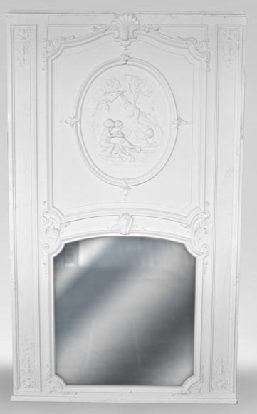 Important trumeau ancien de style Régence, décor de putti jouant dans les vignes Important trumeau ancien de style Régence, décor de putti jouant dans les vignes-0