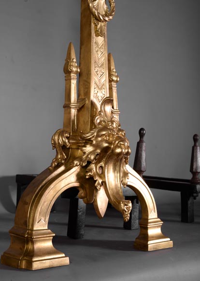 Paire de chenets ancienne de style Napoléon III en bronze doré aux têtes de lions  Paire de chenets ancienne de style Napoléon III en bronze doré aux têtes de lions -4