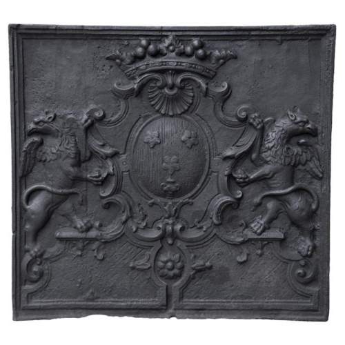 Belle plaque de cheminée ancienne aux armes de la famille Jannon, XVIIIè siècle