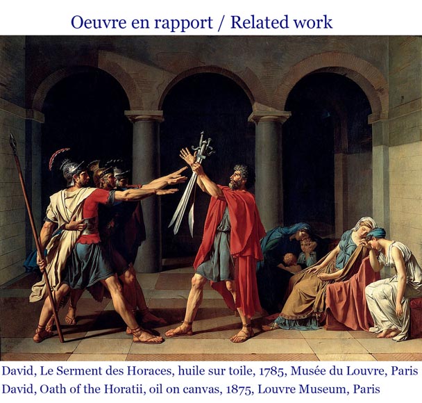 Grande plaque de cheminée ancienne en fonte inspirée du Serment des Horaces de David, première moitié du XIXème siècle Grande plaque de cheminée ancienne en fonte inspirée du Serment des Horaces de David, première moitié du XIXème siècle-8