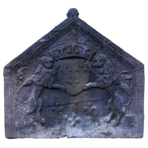 Plaque de cheminée ancienne aux armes de France et aux lions, XVIIème siècle