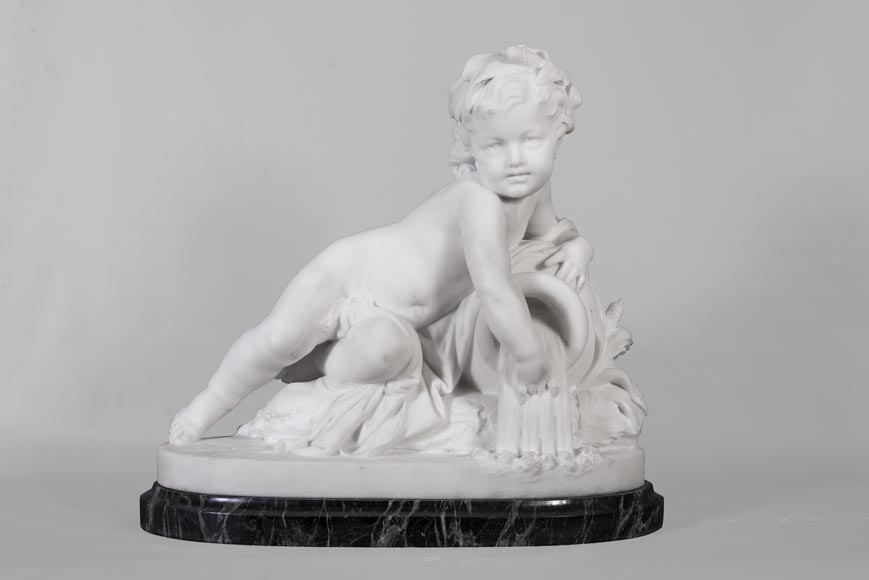 Allégorie d'une rivière sous la forme d'un enfant, sculpture en marbre statuaire, socle en Vert de mer Allégorie d'une rivière sous la forme d'un enfant, sculpture en marbre statuaire, socle en Vert de mer-0