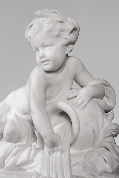 Allégorie d'une rivière sous la forme d'un enfant, sculpture en marbre statuaire, socle en Vert de mer Allégorie d'une rivière sous la forme d'un enfant, sculpture en marbre statuaire, socle en Vert de mer-1