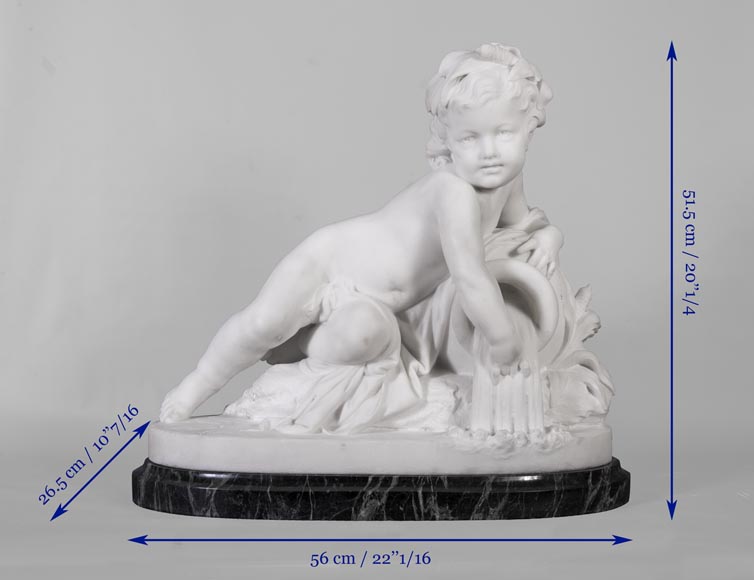 Allégorie d'une rivière sous la forme d'un enfant, sculpture en marbre statuaire, socle en Vert de mer Allégorie d'une rivière sous la forme d'un enfant, sculpture en marbre statuaire, socle en Vert de mer-3