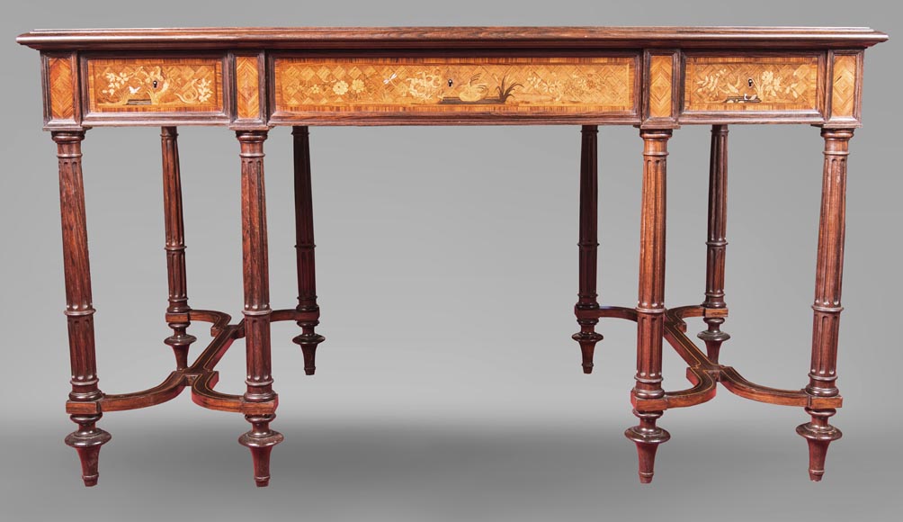 E. MARTIN (ancienne maison RIVART), Bureau en marqueterie à décor de paysage lacustre Exposition Universelle de 1889 E. MARTIN (ancienne maison RIVART), Bureau en marqueterie à décor de paysage lacustre Exposition Universelle de 1889-1