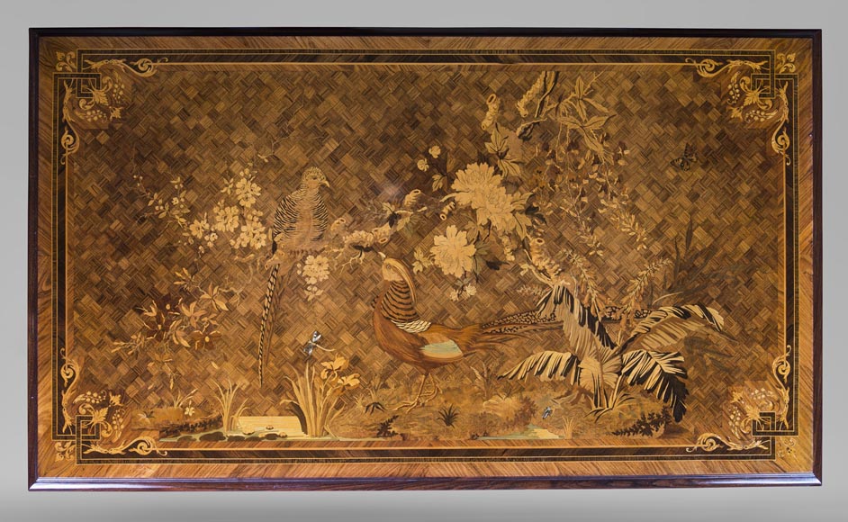 E. MARTIN (ancienne maison RIVART), Bureau en marqueterie à décor de paysage lacustre Exposition Universelle de 1889 E. MARTIN (ancienne maison RIVART), Bureau en marqueterie à décor de paysage lacustre Exposition Universelle de 1889-2