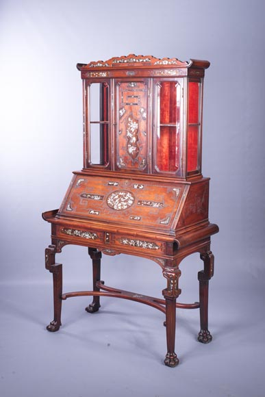 Bureau secrétaire japonisant à décor de papillons en marqueterie de nacre Bureau secrétaire japonisant à décor de papillons en marqueterie de nacre-10
